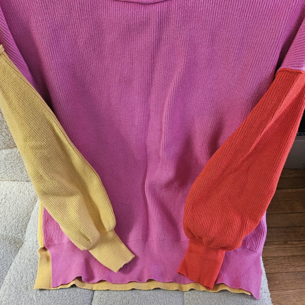 Colorblock Sweater with Pink, Yellow, and Red Sleeves